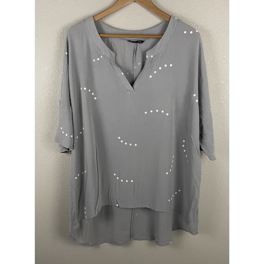 Noracora Womens L Gray Gauzeydot Pattern Split Neck Popover Blouse